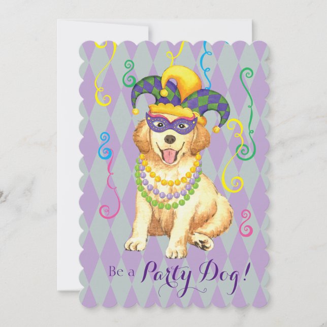 Mardi Gras Golden Retriever Invitation (Front)