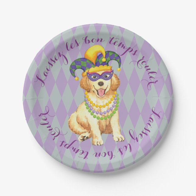 Mardi Gras Golden Retriever Paper Plates (Front)