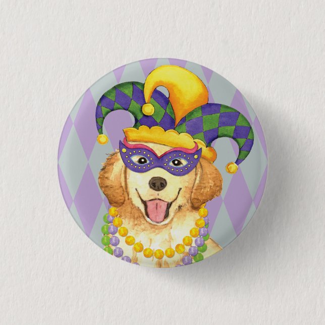 Mardi Gras Golden Retriever Pinback Button (Front)