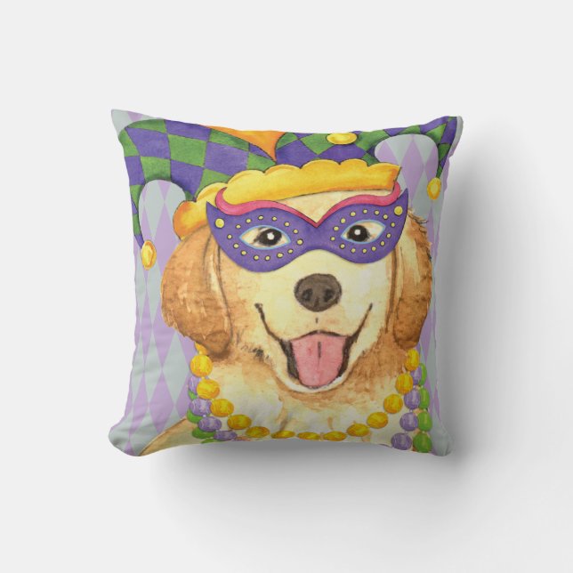Mardi Gras Golden Retriever Throw Pillow (Front)