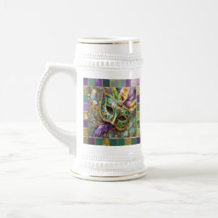 Mardi Gras Green and Gold Colorful Feathers Mask Beer Stein