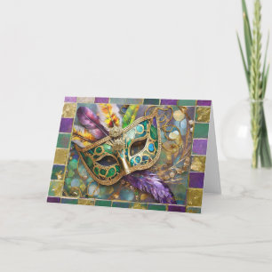Mardi Gras Green and Gold Colorful Feathers Mask Card