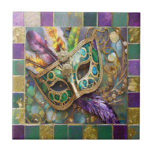 Mardi Gras Green and Gold Colorful Feathers Mask Ceramic Tile