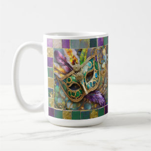 Mardi Gras Green and Gold Colorful Feathers Mask Coffee Mug