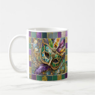 Mardi Gras Green and Gold Colorful Feathers Mask Coffee Mug