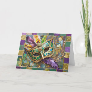 Mardi Gras Green and Gold Colorful Feathers Mask Letterpress Thank You Card