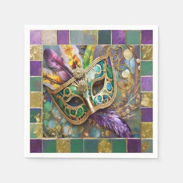 Mardi Gras Green and Gold Colorful Feathers Mask Napkins (Front)