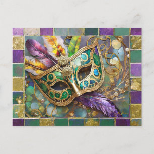 Mardi Gras Green and Gold Colorful Feathers Mask Postcard