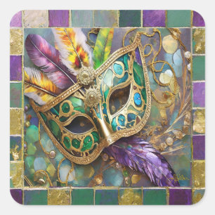 Mardi Gras Green and Gold Colorful Feathers Mask Square Sticker