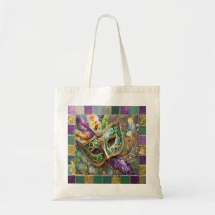 Mardi Gras Green and Gold Colorful Feathers Mask Tote Bag