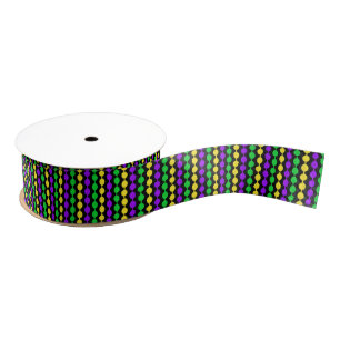 Mardi Gras Green, Yellow, Purple Beads on Black Grosgrain Ribbon