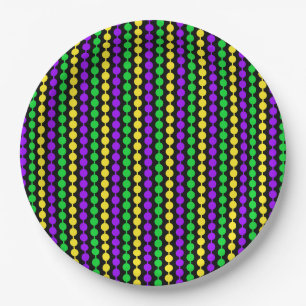 Mardi Gras Green, Yellow, Purple Beads on Black Paper Plates