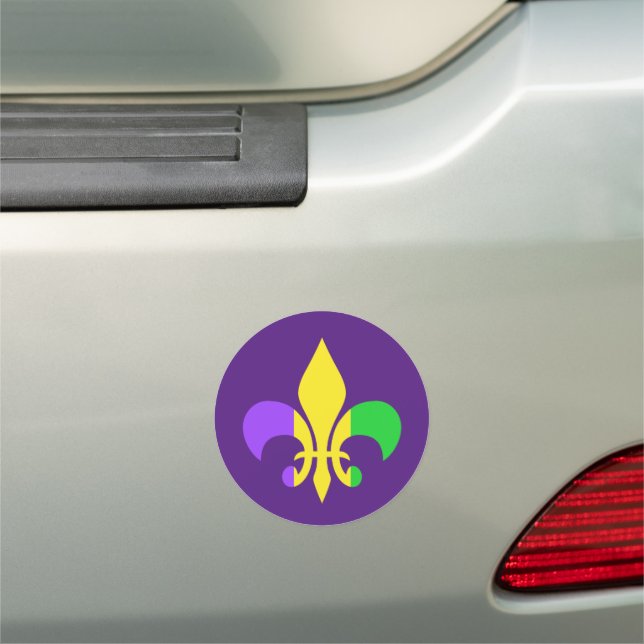Mardi Gras Green Yellow Purple Fleur-de-Lis Car Magnet (In Situ)