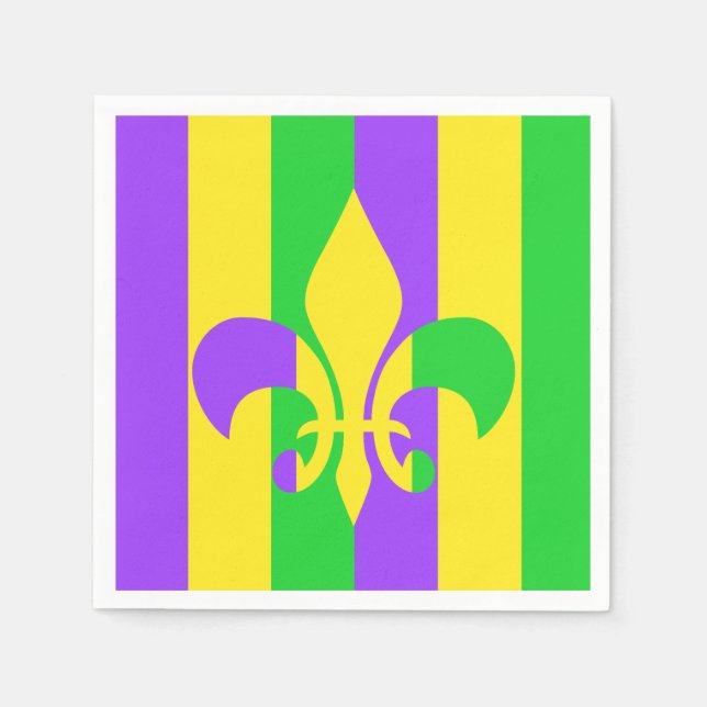 Mardi Gras Green Yellow Purple Fleur-de-Lis Napkins (Front)
