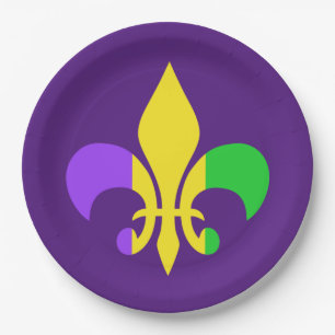 Mardi Gras Green Yellow Purple Fleur-de-Lis Paper Plates