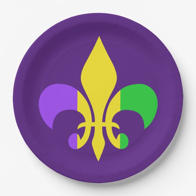 Mardi Gras Green Yellow Purple Fleur-de-Lis Paper Plates (Front)