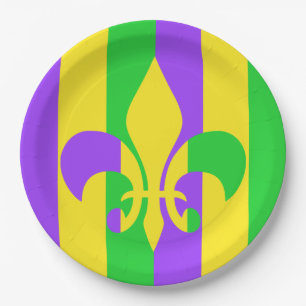 Mardi Gras Green Yellow Purple Fleur-de-Lis Paper Plates