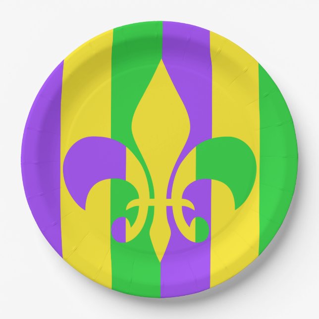 Mardi Gras Green Yellow Purple Fleur-de-Lis Paper Plates (Front)