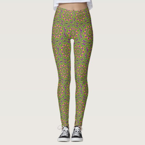 Mardi Gras Green Yellow Purple Pattern Mandala Leggings