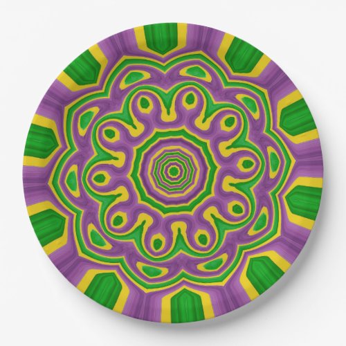 Mardi Gras Green Yellow Purple Pattern Mandala Paper Plates