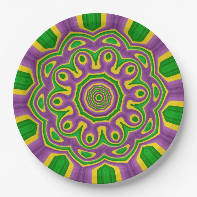 Mardi Gras Green Yellow Purple Pattern Mandala Paper Plates (Front)