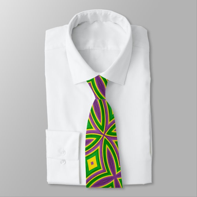 Mardi Gras Green Yellow Purple Pattern Neck Tie (Tied)