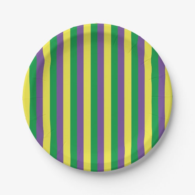 Mardi Gras Green, Yellow & Purple Stripes Paper Plates (Front)