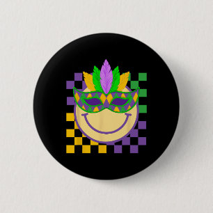 Mardi Gras Groovy Smile Face Wearing Mask Checkere Button