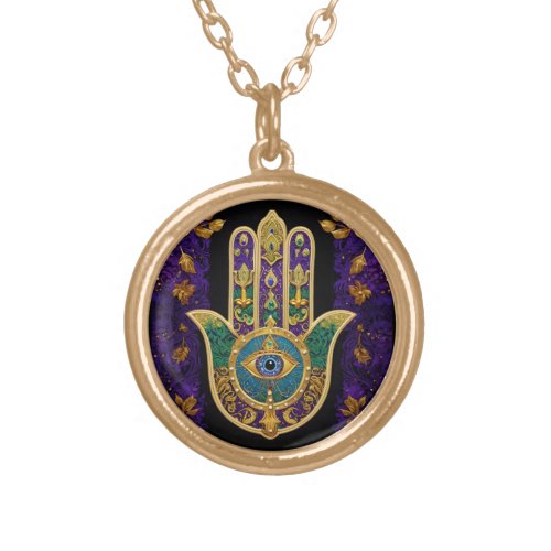  Mardi Gras Hamsa Art Print  Gold Plated Necklace