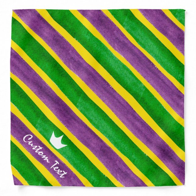 Mardi Gras Hand Painted Purple Green Gold Stripes Bandana (Front)