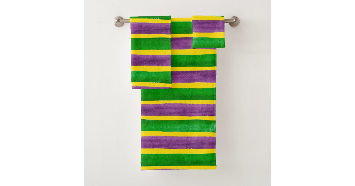 Mardi Gras Hand Painted Purple Green Gold Stripes Bath Towel Set