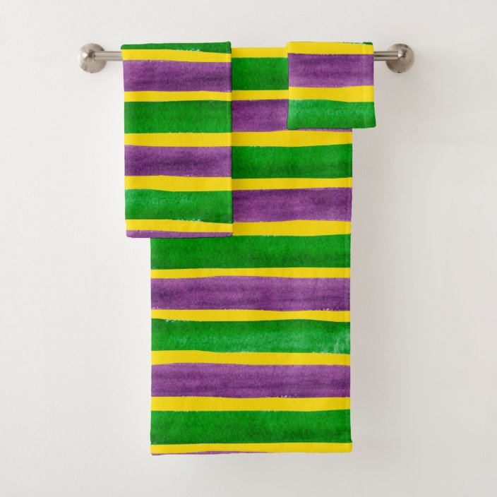 Mardi Gras Hand Painted Purple Green Gold Stripes Bath Towel Set