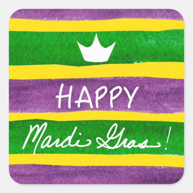 Mardi Gras Hand Painted Purple Green Gold Stripes Square Sticker (Front)