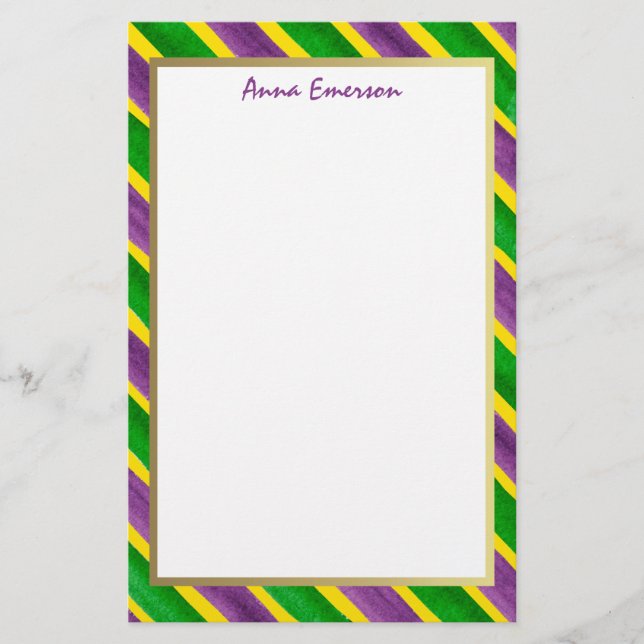 Mardi Gras Hand Painted Purple Green Gold Stripes Stationery (Front)