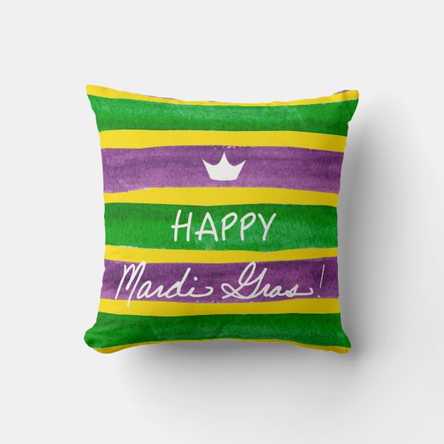 Mardi Gras Hand Painted Purple Green Gold Stripes Throw Pillow (Front)