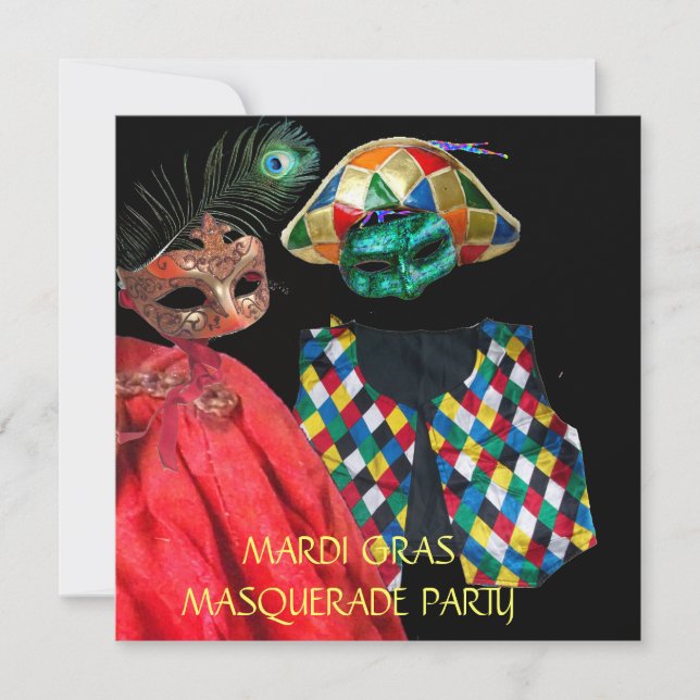 MARDI GRAS HARLEQUIN COSTUME MASQUERADE PARTY INVITATION (Front)