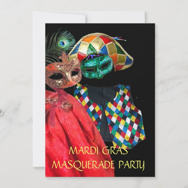 MARDI GRAS HARLEQUIN COSTUME MASQUERADE PARTY INVITATION (Front)