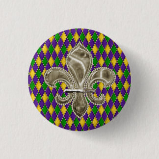 Mardi Gras Harlequin Diamond Pattern Fleur de Lis Pinback Button