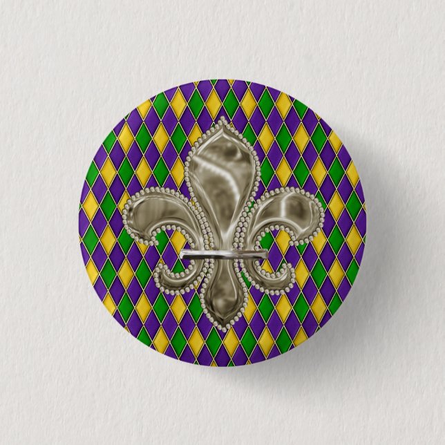 Mardi Gras Harlequin Diamond Pattern Fleur de Lis Pinback Button (Front)