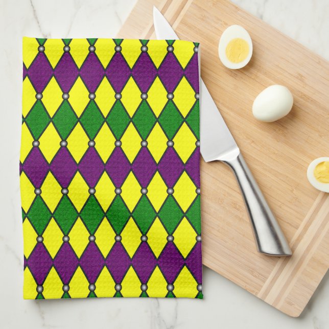 Mardi Gras Harlequin Diamond Pattern Kitchen Towel (Quarter Fold)