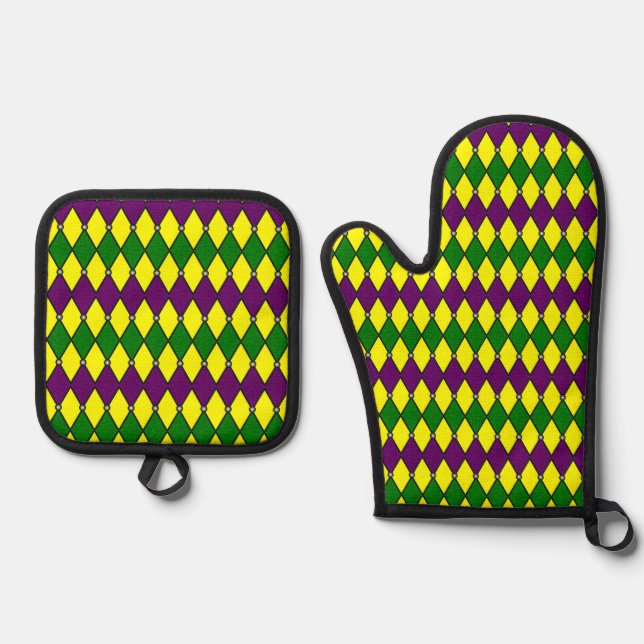Mardi Gras Harlequin Diamond Pattern Oven Mitt & Pot Holder Set (Front)