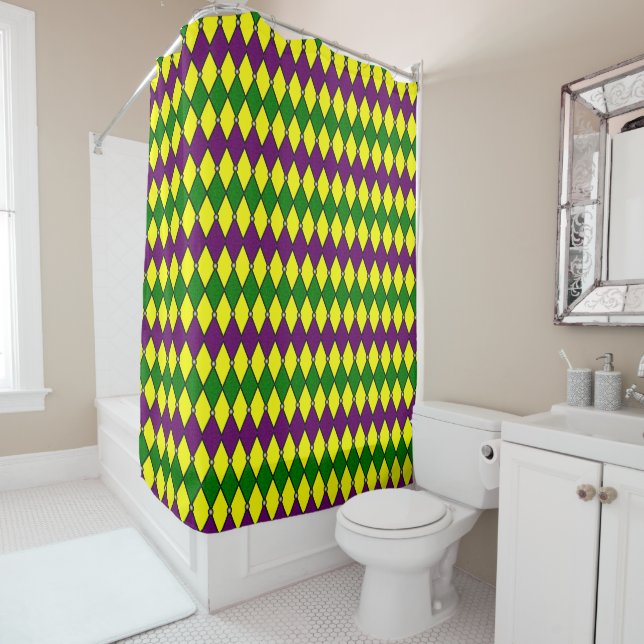 Mardi Gras Harlequin Diamond Pattern Shower Curtain (In Situ)