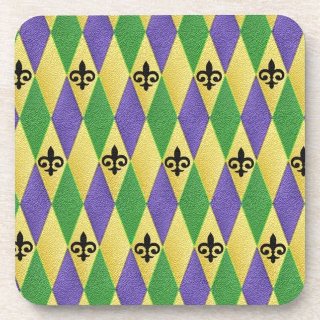 Mardi Gras Harlequin Fleur De Lis Beverage Coaster (Front)