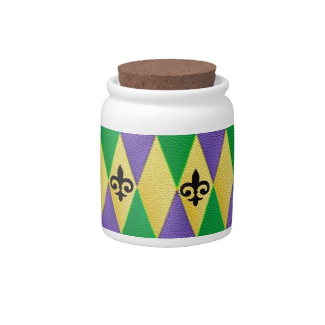 Mardi Gras Harlequin Fleur De Lis Candy Jar (Front)