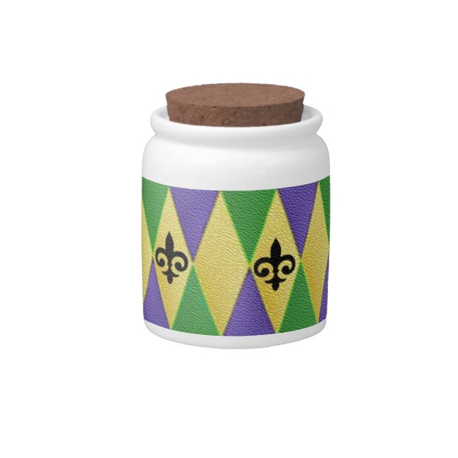 Mardi Gras Harlequin Fleur De Lis Candy Jar (Front)