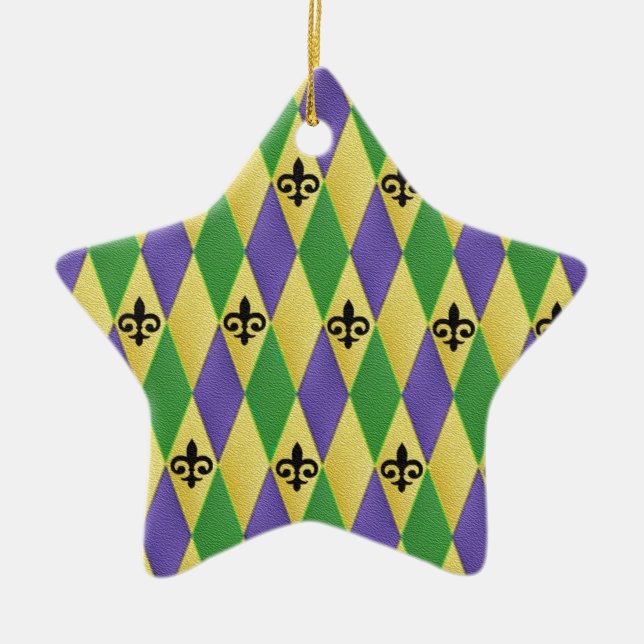 Mardi Gras Harlequin Fleur De Lis Ceramic Ornament (Front)