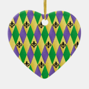 Mardi Gras Harlequin Fleur De Lis Ceramic Ornament
