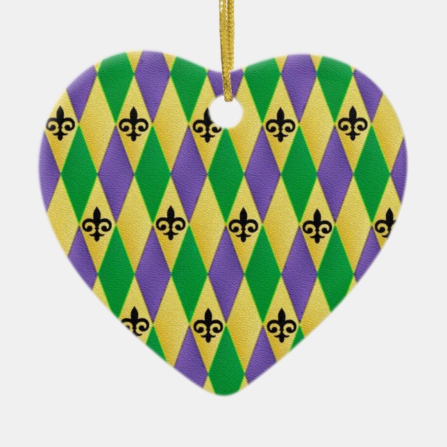 Mardi Gras Harlequin Fleur De Lis Ceramic Ornament (Front)