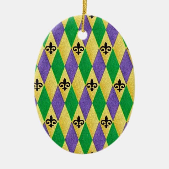 Mardi Gras Harlequin Fleur De Lis Ceramic Ornament (Front)