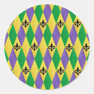 Mardi Gras Harlequin Fleur De Lis Classic Round Sticker